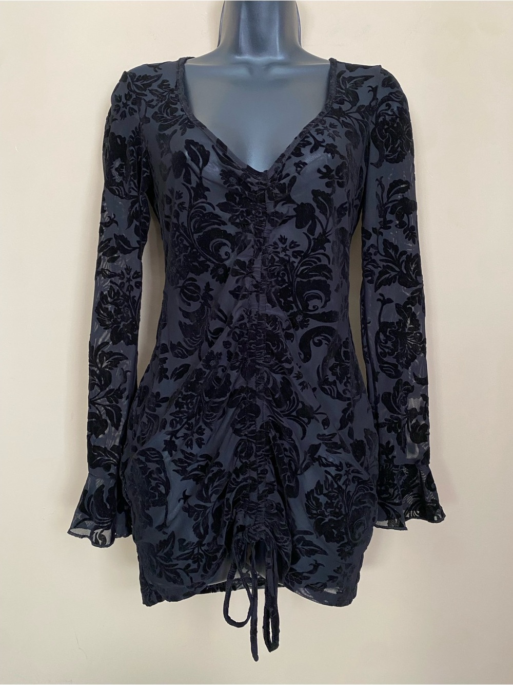 Black Floral Burnout Velvet Long Sleeve V-Neck Mini Dress